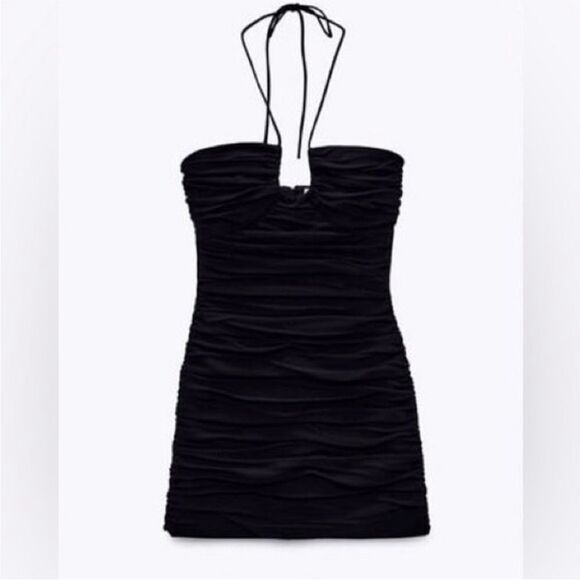 ZARA Black Halter Bodycon Ruched Dress Size S - Picture 9 of 10
